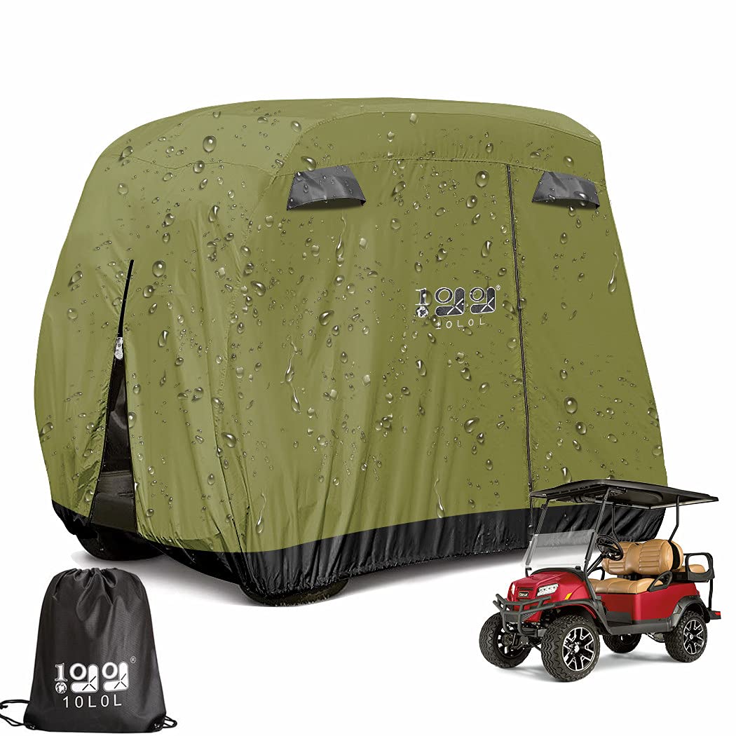 10L0L 4 Passenger Outdoor Golf Cart Cover,600D Waterproof Golf Cart Covers with Extra PVC Coating Sunproof Dustproof fits EZ GO Club Car Yamaha (fits for Most Extended Roof Carts,Up to 112 Inch)