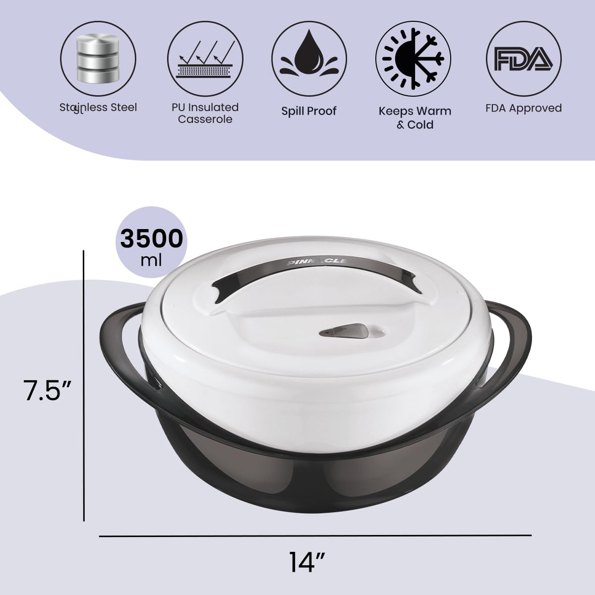 Pinnacle Große isolierte Auflaufform mit Deckel, 3,6 qt. Eleganter Hot Pot Speisenwärmer / Kühler - Thermo-Suppen-/Salat-Servierschale aus Edelstahl - Bestes Geschenkset für Mütter
