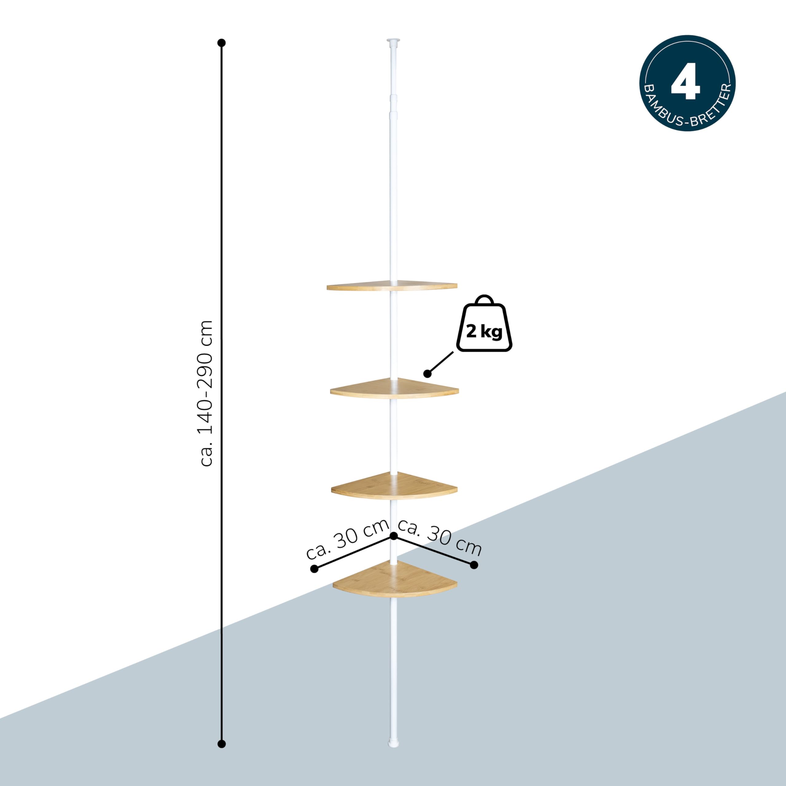 bremermann Étagère d'angle télescopique avec 4 étagères en bambou, rangement polyvalent pour salle de bain, salon, couloir, bureau ou cuisine, hauteur d'installation variable de 140 à 290 cm