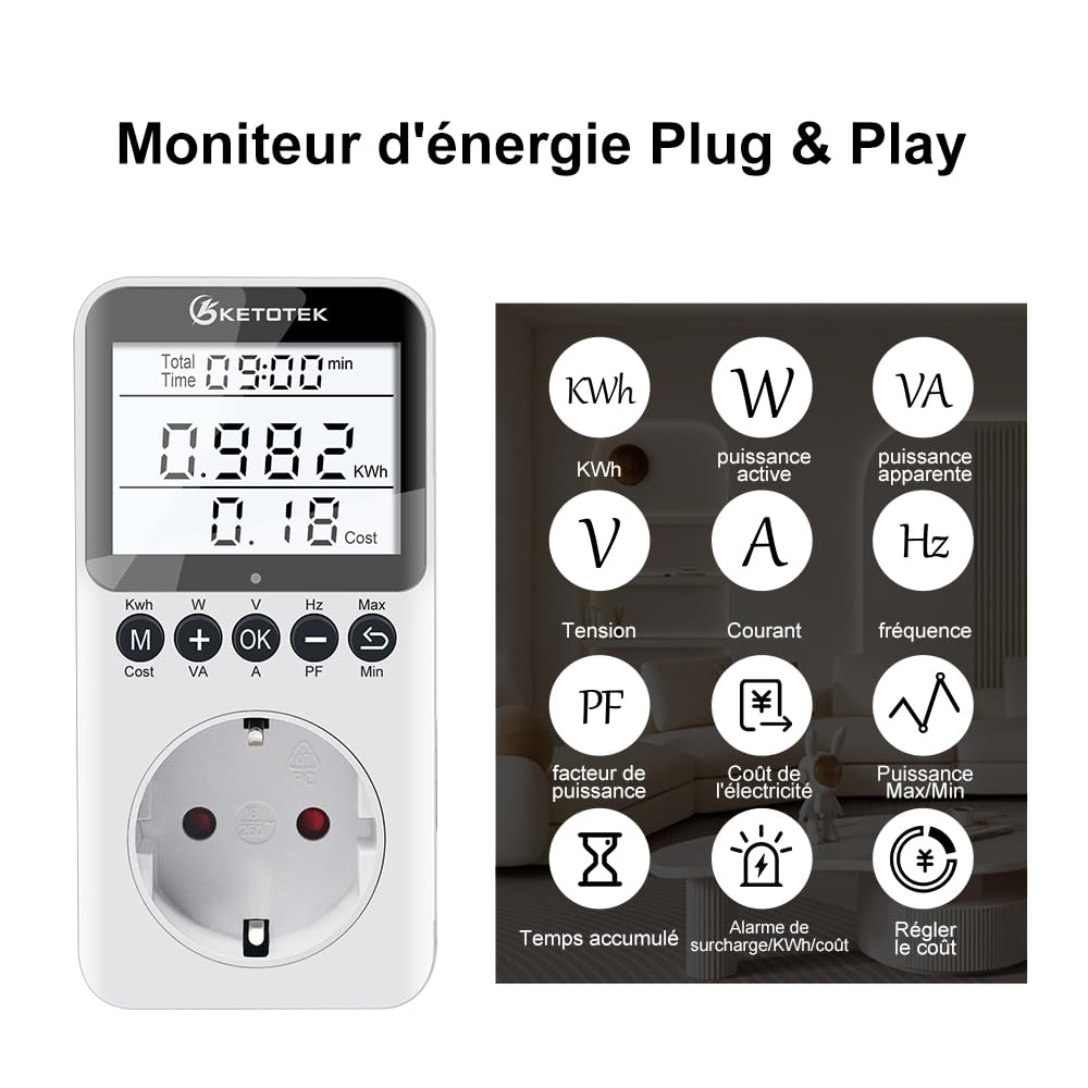 KETOTEK Medidor de Consumo Electrico, Enchufe Monitor de Electricidad con Pantalla LCD Retroiluminada, Medidor de Costo de Electricidad Medidor de Energía con 3680W Protección contra Sobrecarga