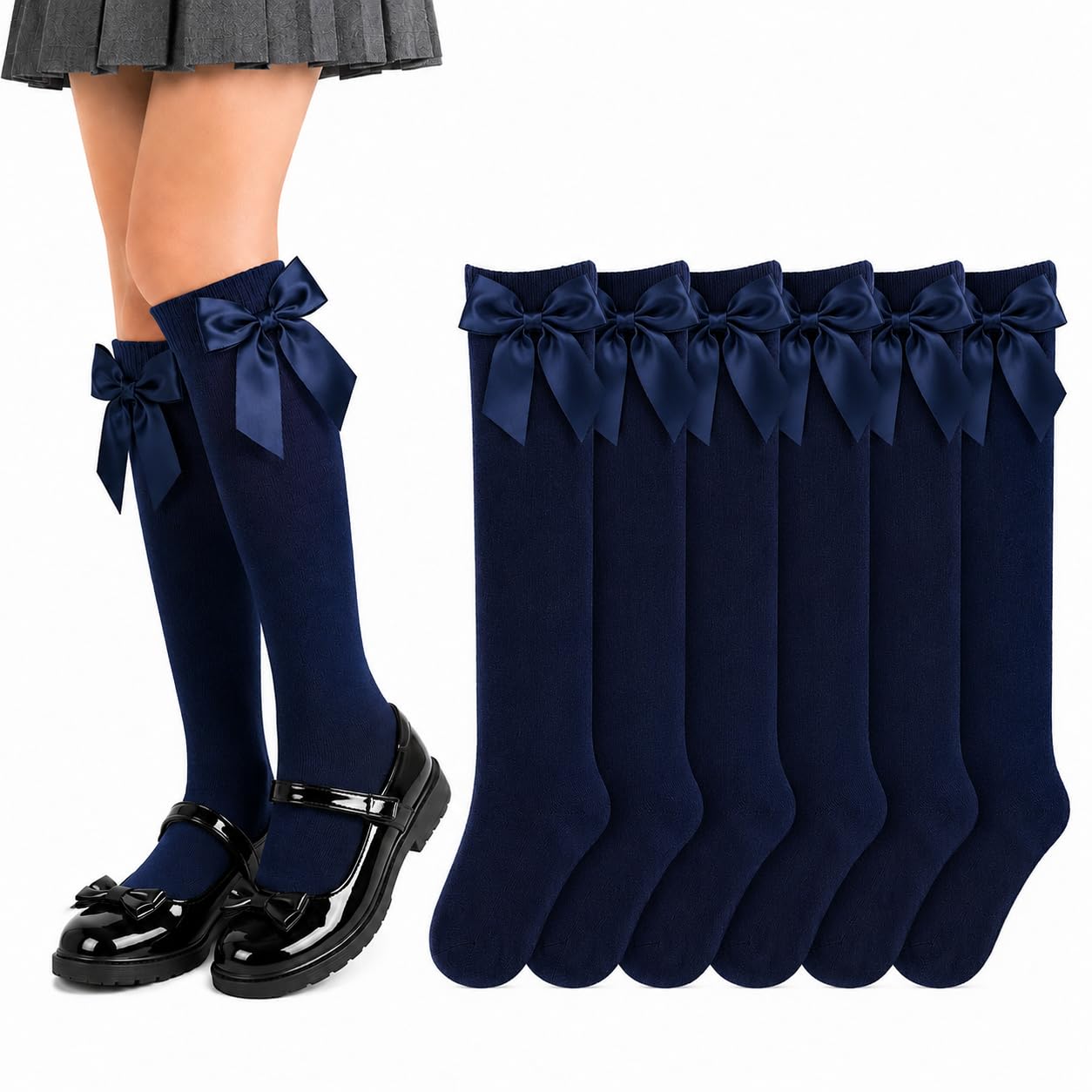 ShopMCR 6 Pairs Girls Bow Knee High School Socks – Cotton Uniform Long Socks with Ribbons for Back to School, Party Wear & Daily Comfort. (6P, NY, 9-12)