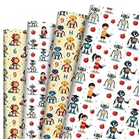 12 Sheets Educational Robot Wrapping Paper - Robot & STEM Learning Gift Wrap for Students, School Projects, Tech Party, 19.7\" x 27.6\"