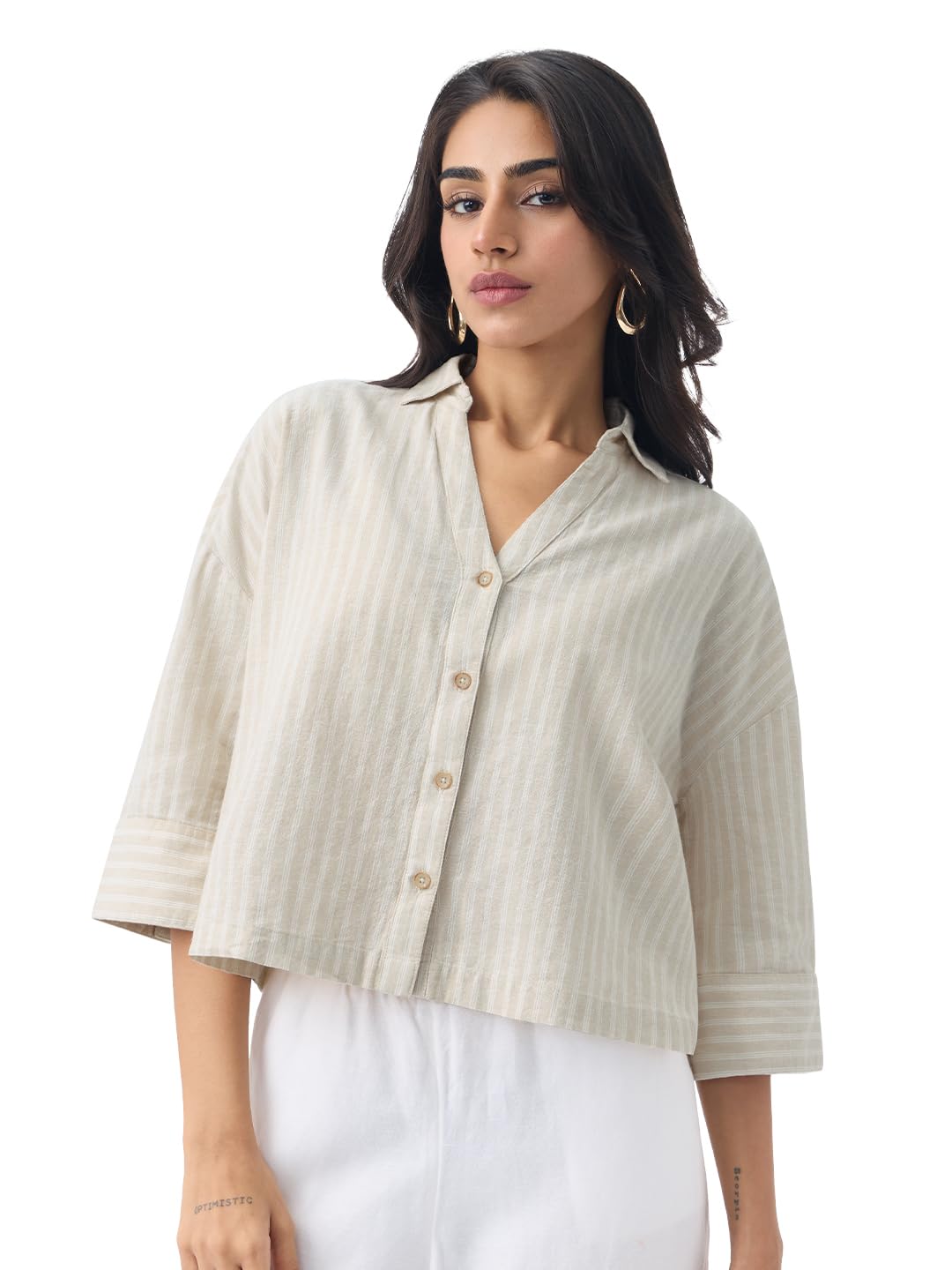 the souled store Cotton Linen Shirt: Women and Girls Drop-Shoulder Sleeves Spread Collar Stripes Lightweight Casual Oversized Shirt-picture-10