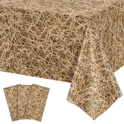 Image of 3 Pack Straw Plastic Tablecloth, 54 x 108 Inch Disposable Farm Hay Tablecloths Waterproof Rectangle Western Birthday Theme Table Cover for Cowboy Western Barn Birthday Baby Shower Party Supplies