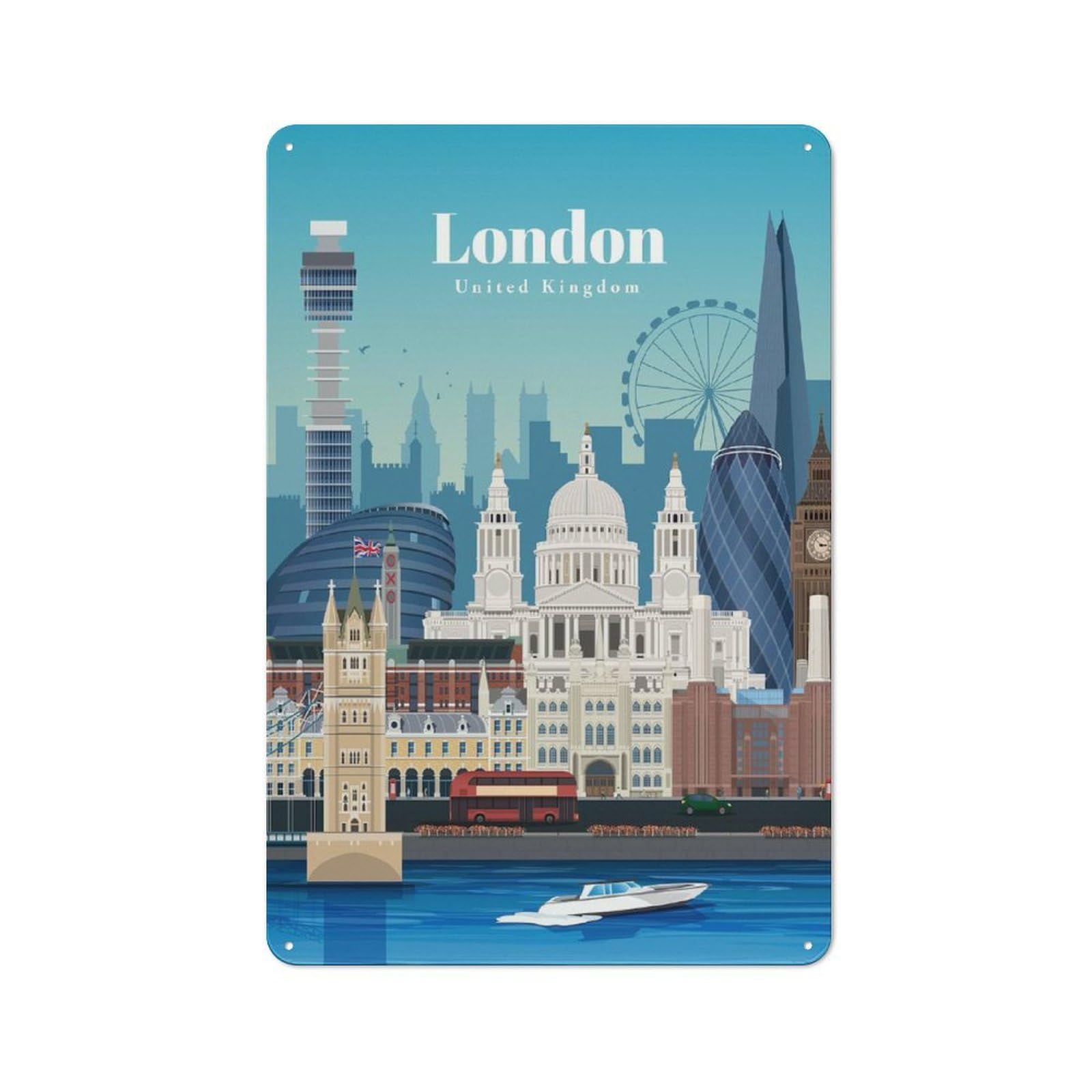 Junmoney Travel To And Visit London Classic Metal Gift Sign 30X20cm, Small Space Decor For Home, Shop, Pub Or Studio Wall
