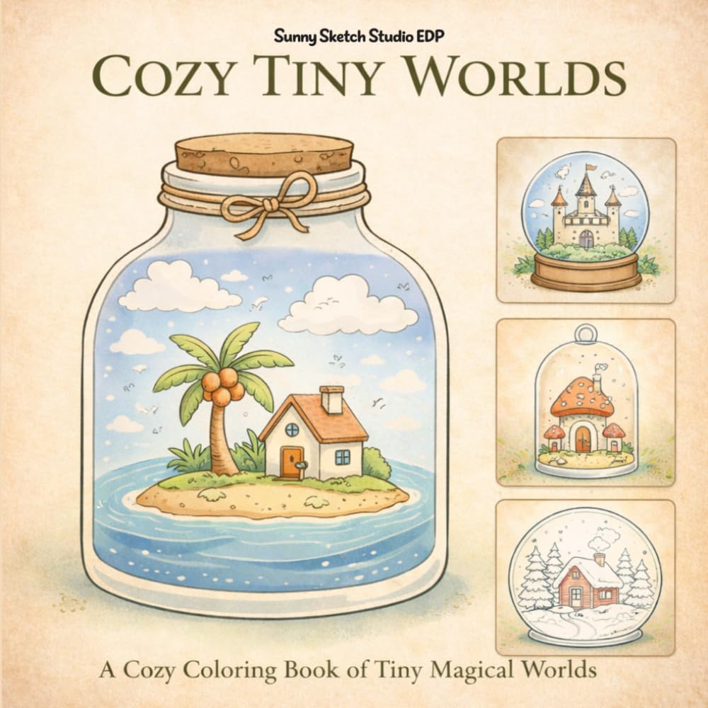 Cozy Tiny Worlds Coloring Book: Magical Miniature Scenes Inside Jars and Glass Domes (Cozy Series)