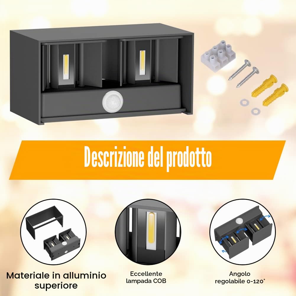 Klighten 2 PCS Lampada da esterno, 24W Applique da Parete con sensore di movimento per luci esterni/interni Lampada da parete con fascio regolabile IP65 Impermeabile 3000K,Grigio scuro