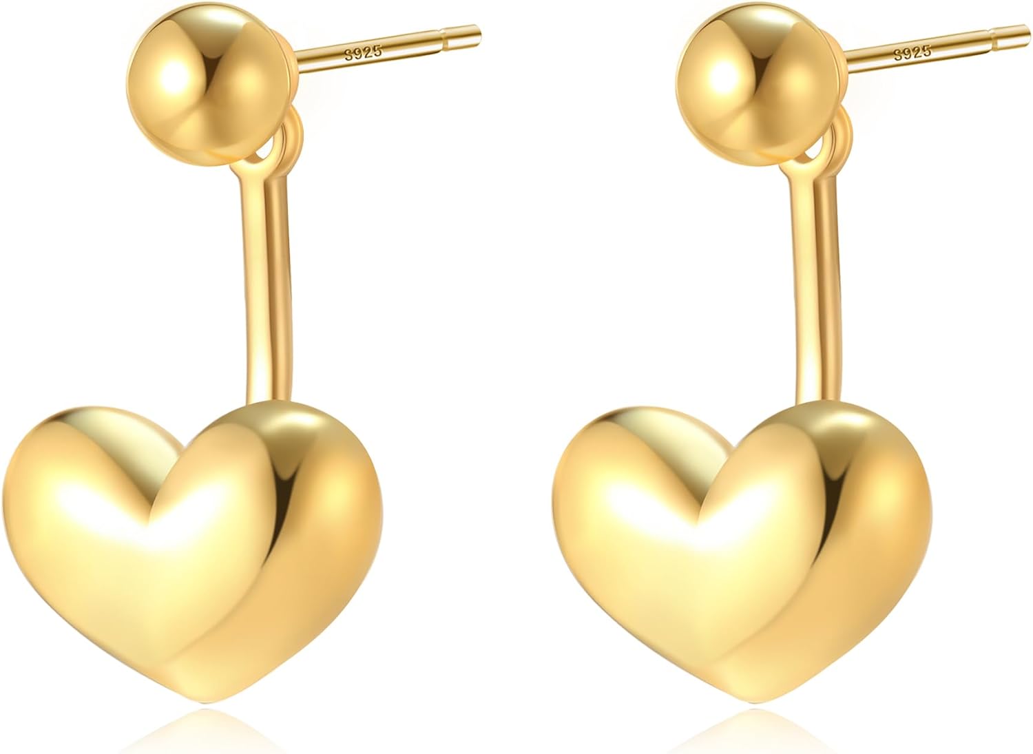 Small Heart Earrings for Women 925 Sterling Silver Post 14K Gold Plated Mini Ball Stud Ear Jacket Heart Drop Dangle Earrings for Women
