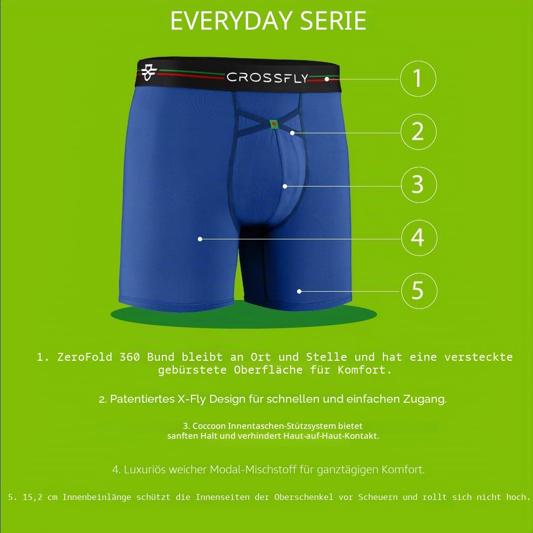 Crossfly IKON X Herren-Unterwäsche, 7,6 cm, Boxershorts, 24 Stunden Komfort und innovativer Zugriff, kein Scheuern, atmungsaktiv und weich