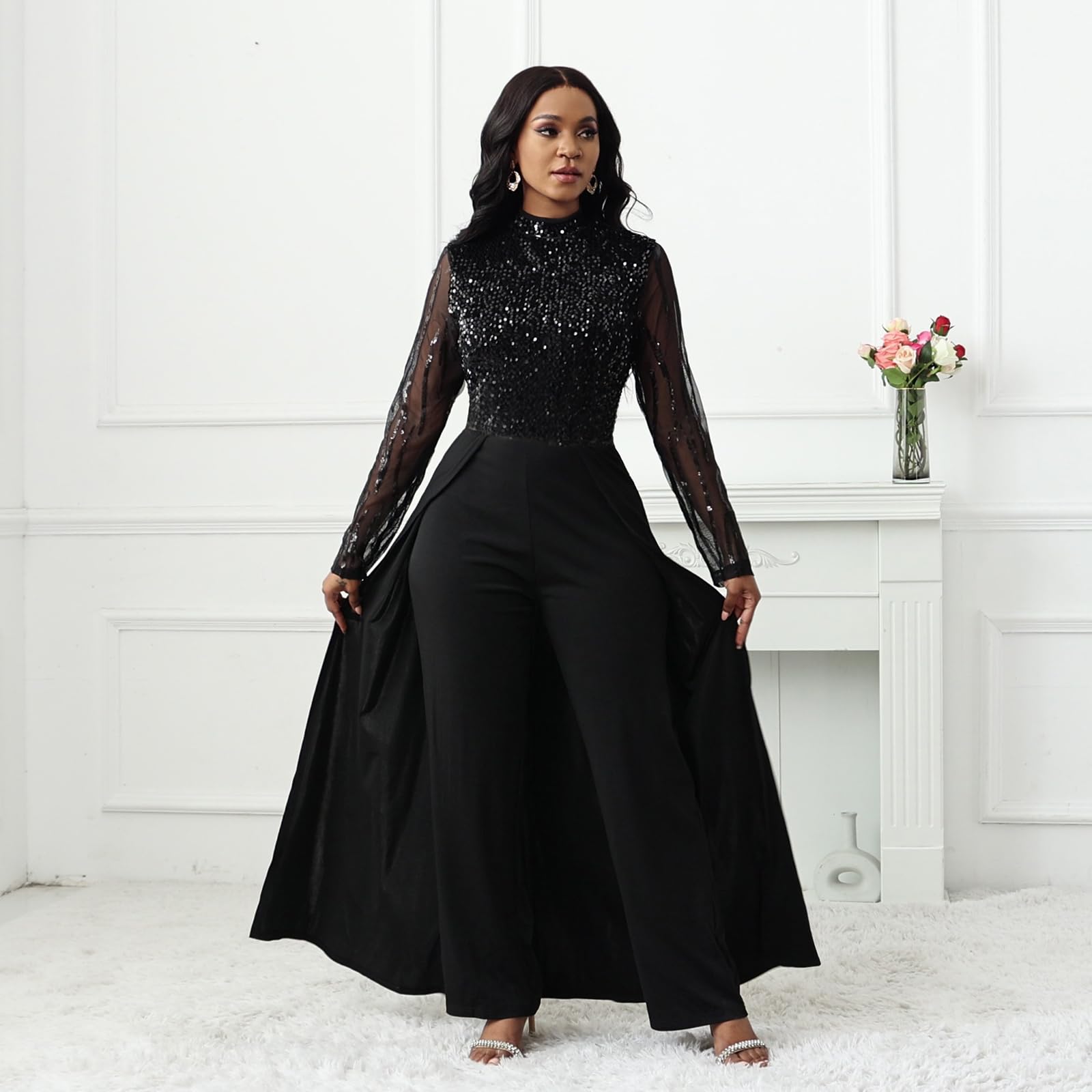 VERWIN Damen-Overall, Patchwork-Overlay, Pailletten, verziert, hohe Taille, langarm