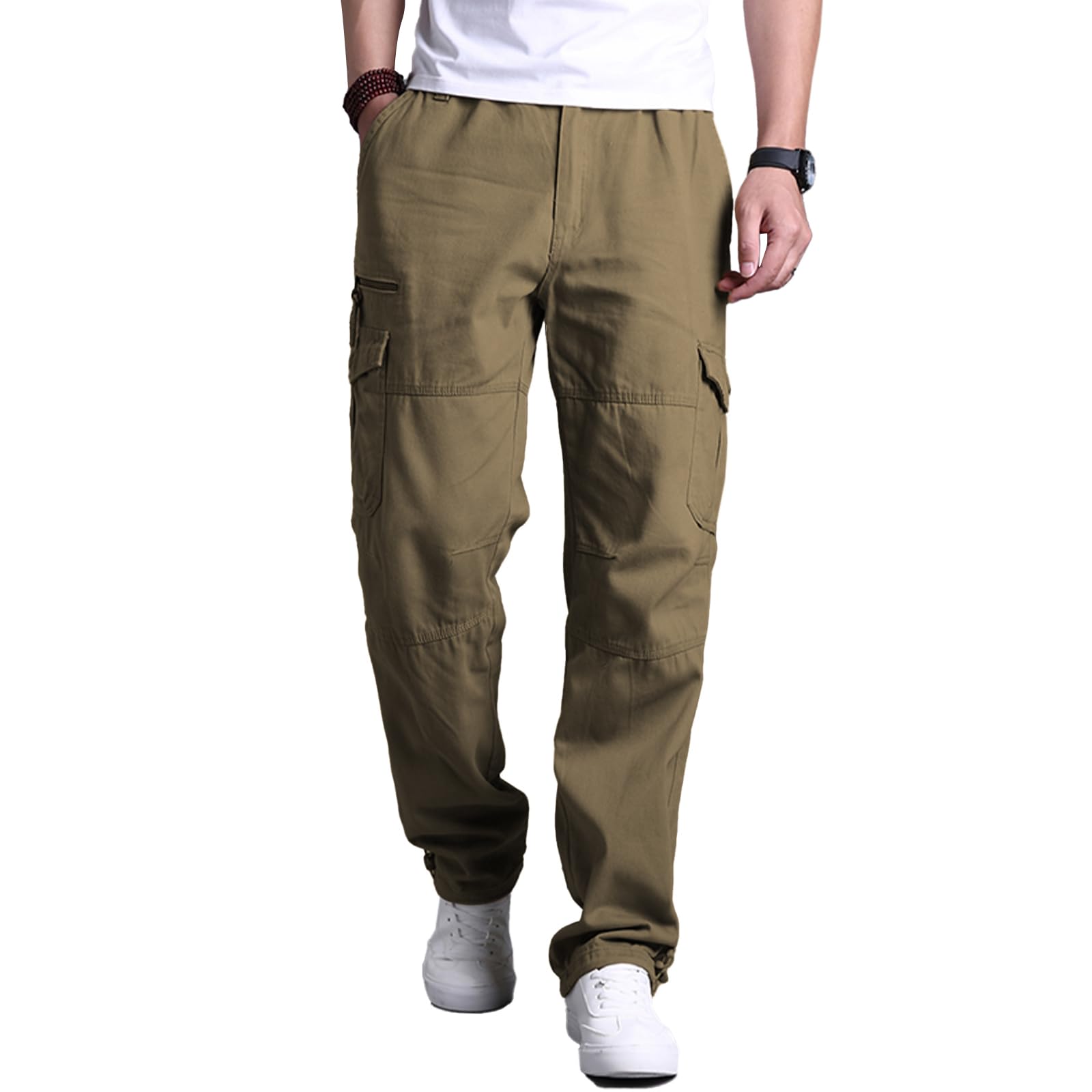 Pantalones cargo de algodón para hombre, pantalones cargo con 7 bolsillos, cintura elástica, pantalones casuales