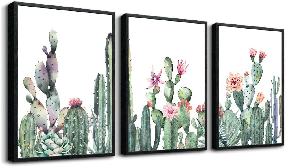 TTHYUEWS Black Framed Wall Art - 3 Piece Framed Prints - Green Succulent Cactus Wall Paintings - Living Room & Bedroom Decor