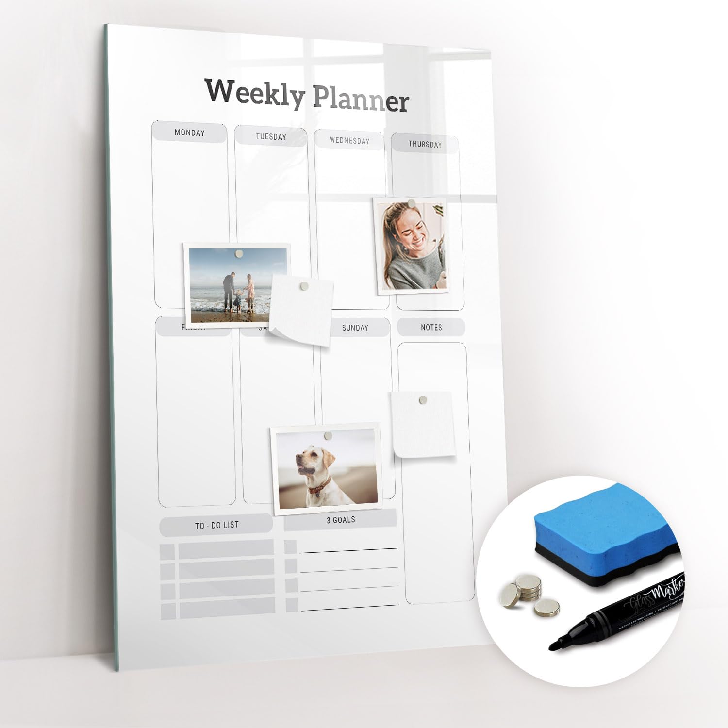 Pizarra de vidrio templado magnetizable | Con imanes poderosos, rotulador y borrador | Perfecta para organizar proyectos y notas de trabajo - 60x90 - Planificador semanal