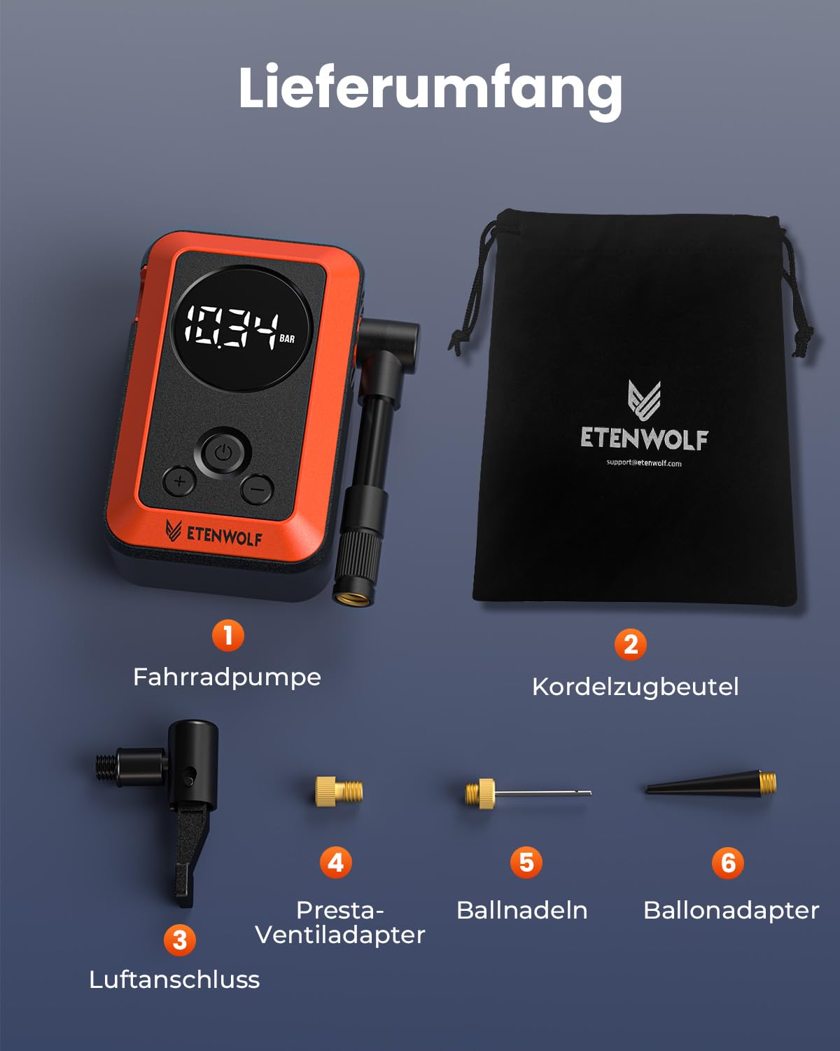 ETENWOLF Elektrische Fahrradpumpe,10,34 BAR Tragbare Reifenpumpe | Mit Presta&Schrader Ventil,Schnellbefüllung Sowie Auto-Stopp Luftpumpe,Mit Manometer Für Fahrräder,Mountainbike&Ball,Schwarz