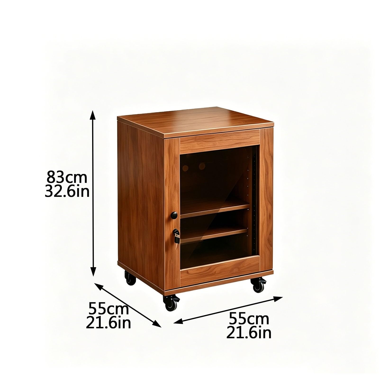 Audio Rack, AV Stand with Wheels, Adjustable Shelves, Tempered Glass Door, Wooden Shelf, Heat Dissipation Feature for Home Recording Studio(21.6x21.6x32.6in)
