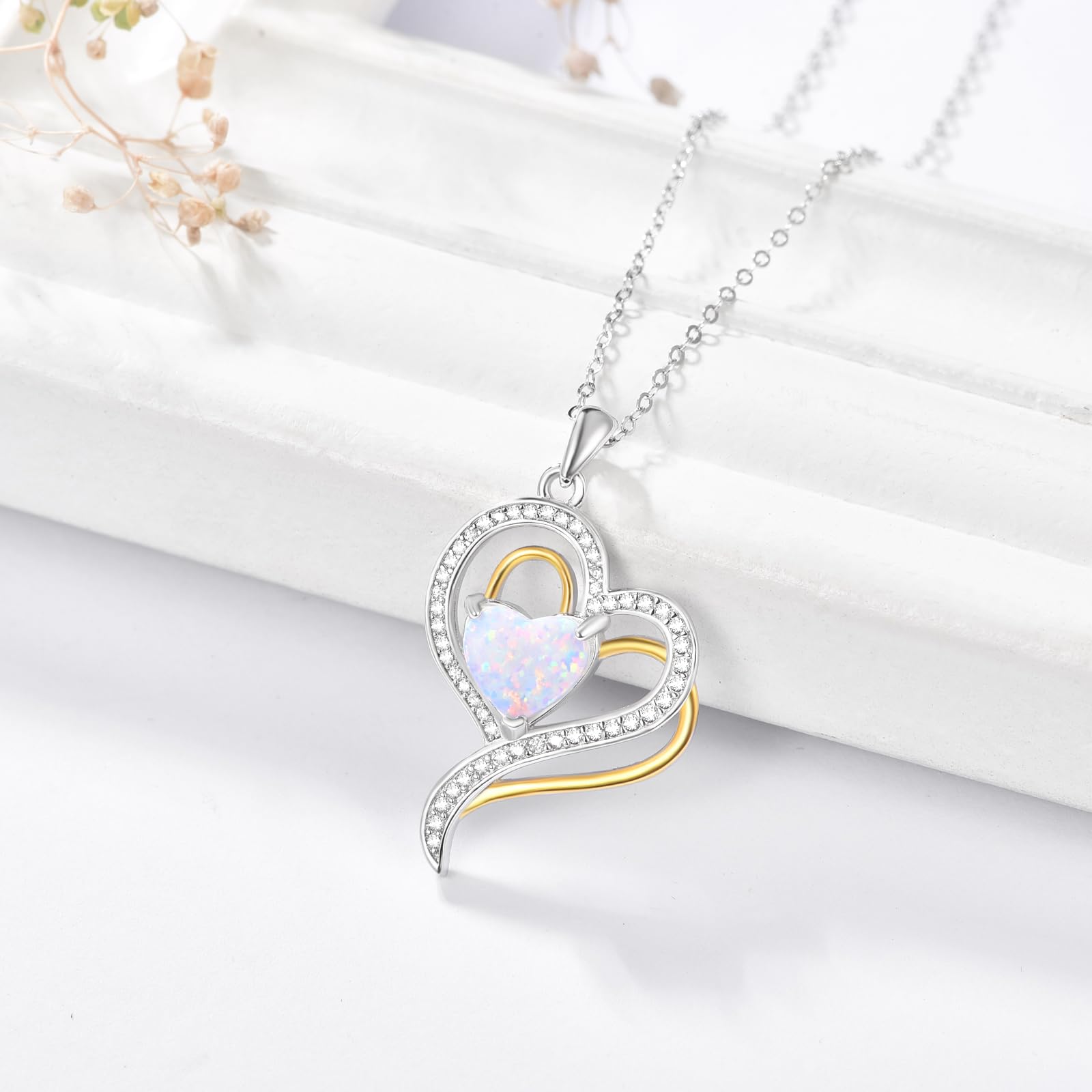 TANGPOET Collar de ópalo de plata de ley 925 con colgante de corazón, Regalos Mujer, Joyería de cumpleaños para mujeres y niñas, Plata esterlina