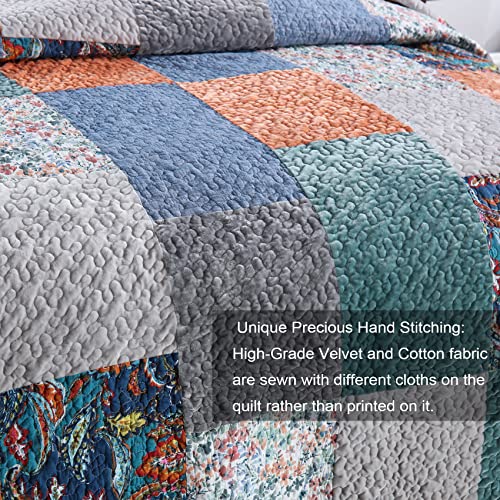 Maiufun Cotton Quilt Set Bedspread Velvet Queen/Full Size, Reversible Paisley Floral Pattern Patchwork With Real Stitched Velvet, 3-Piece Bedding Coverlet For All Season (1 Quilt +2 Pillow Shams) #TOP2
