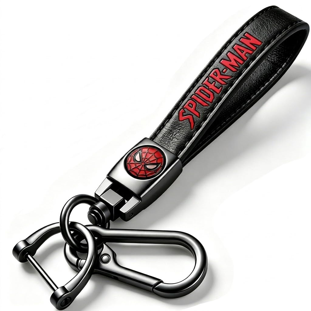 L LEIWEK `Genuine Leather Car Keychain Keyring Accessories with Spiderman, Family Present for Man and Woman (Black)`