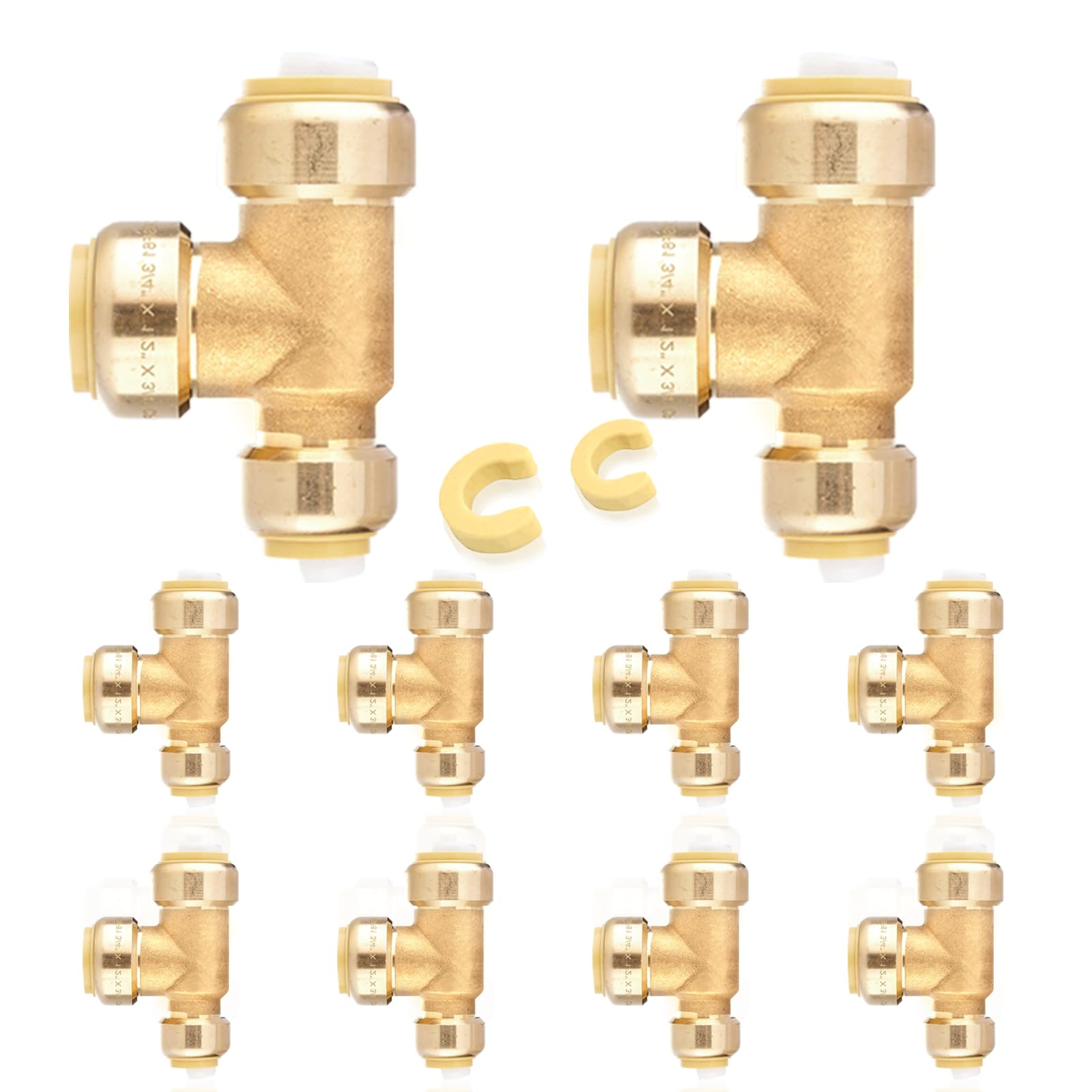 10-Pack HeSun Pushfit Tee, 3/4"x1/2"x3/4" Push to Connect Plumbing Fittings with Disconnect Clips, Brass Push-fit Fittings for PEX, Copper, CPVC,