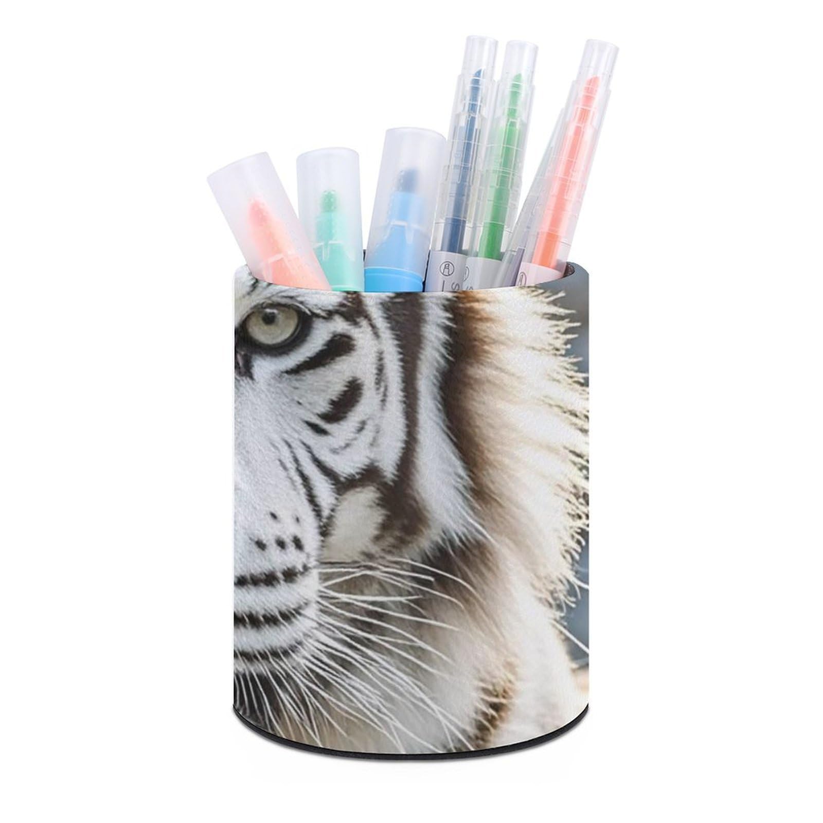 FekiLoot PU Leather Round Pen Holder White Tiger Pencil Holder Desk Organizer Pen Organizer Pen Cup Pencil Cup Caddy Desktop Stationery Organizers for Office Home Supplies