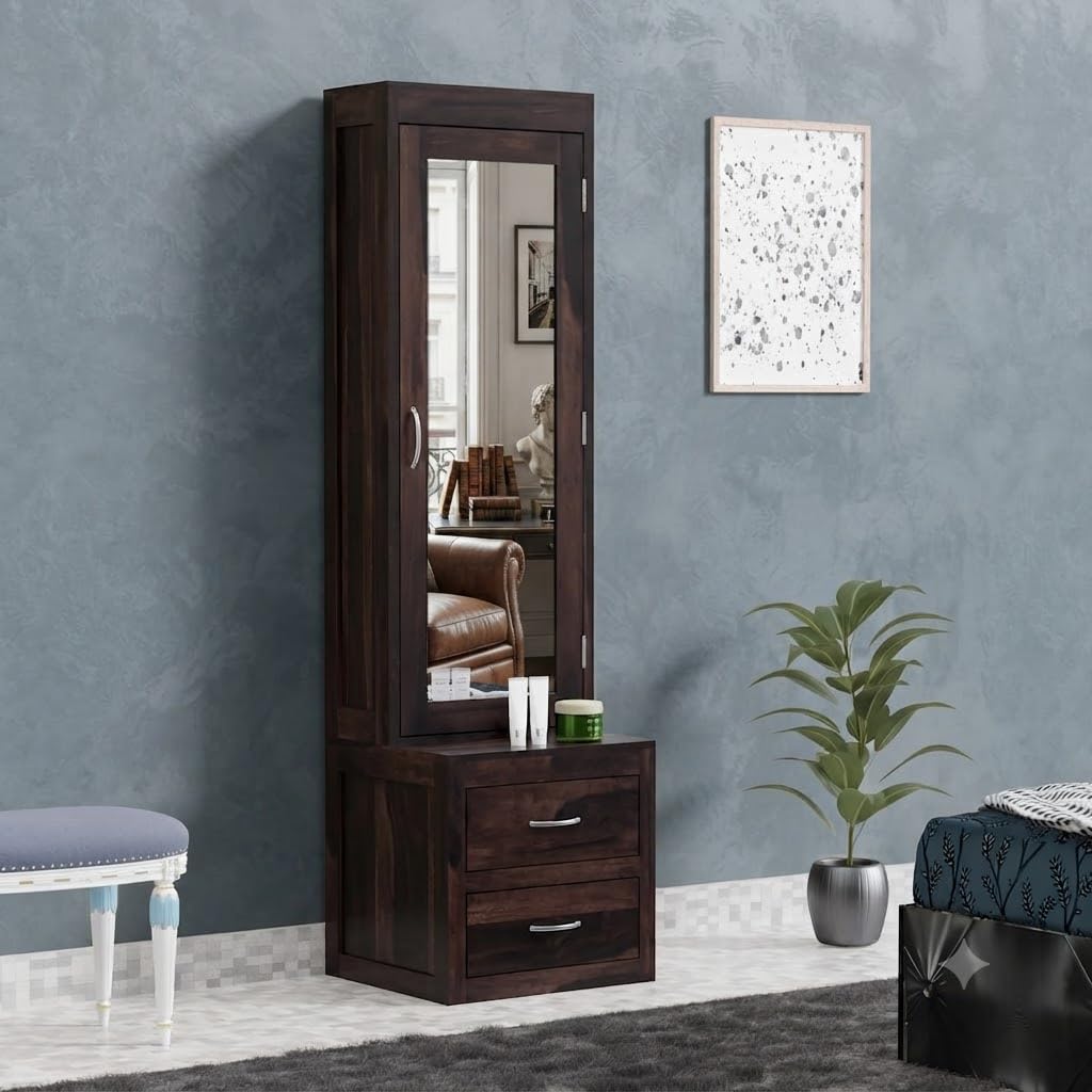 Sheesham Wood Dressing with Drawer and Shelve Storage Wooden Long Dresser Table for Bedroom Living Room (Walnut Finish)-image-8