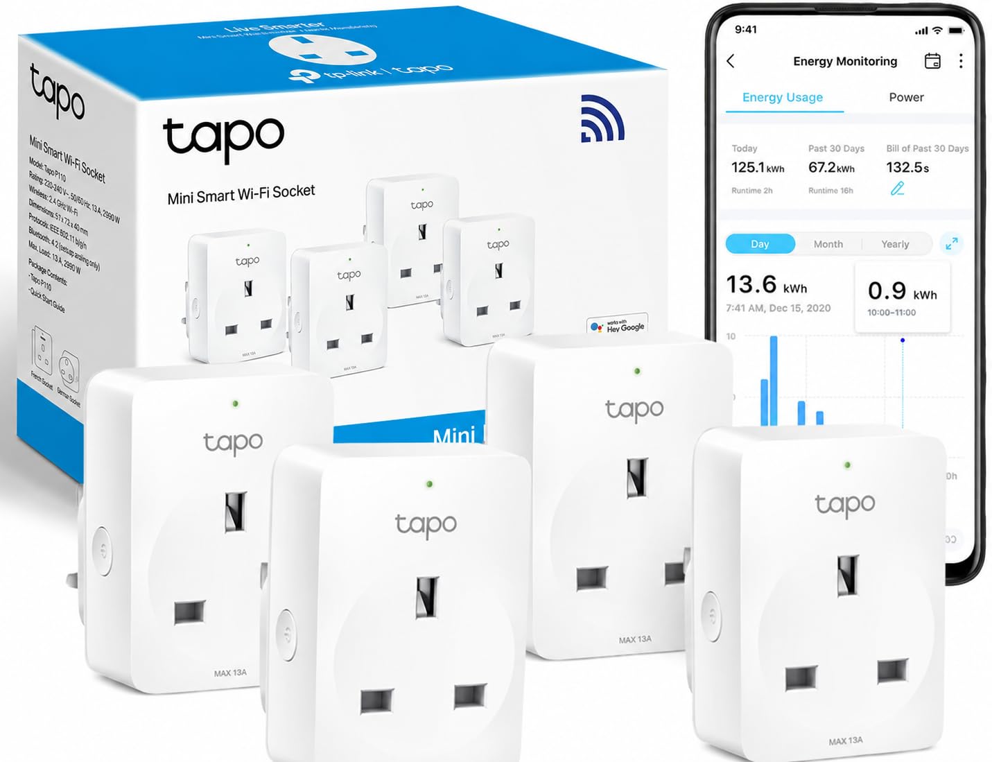 Tapo P110(4-pack) Smart Plug, Energy Monitoring WiFi Plug, Max 13A