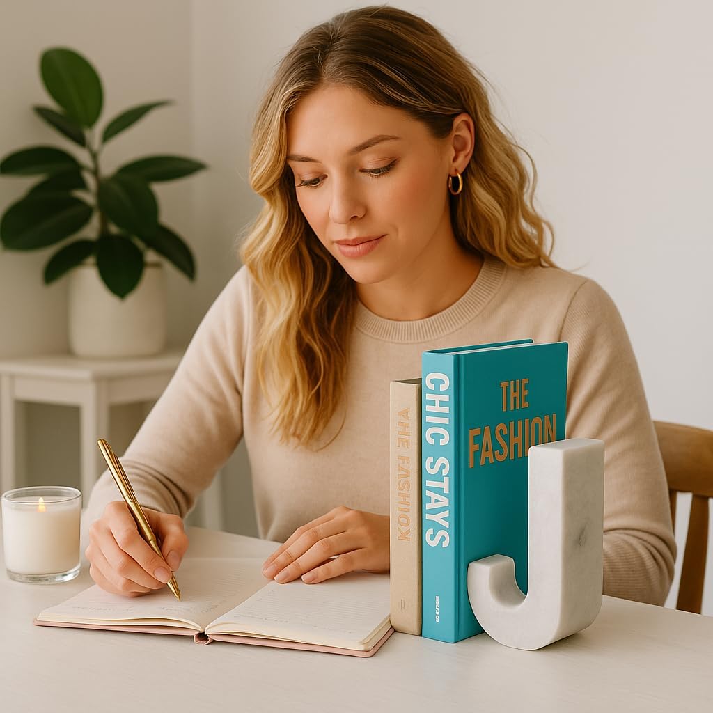 Handcrafted Natural Marble Letter J Bookend – Solid Taj Mahal Marble Decorative Accent for Office, Living Room & Bookshelf – Heavy & Elegant Paperweight