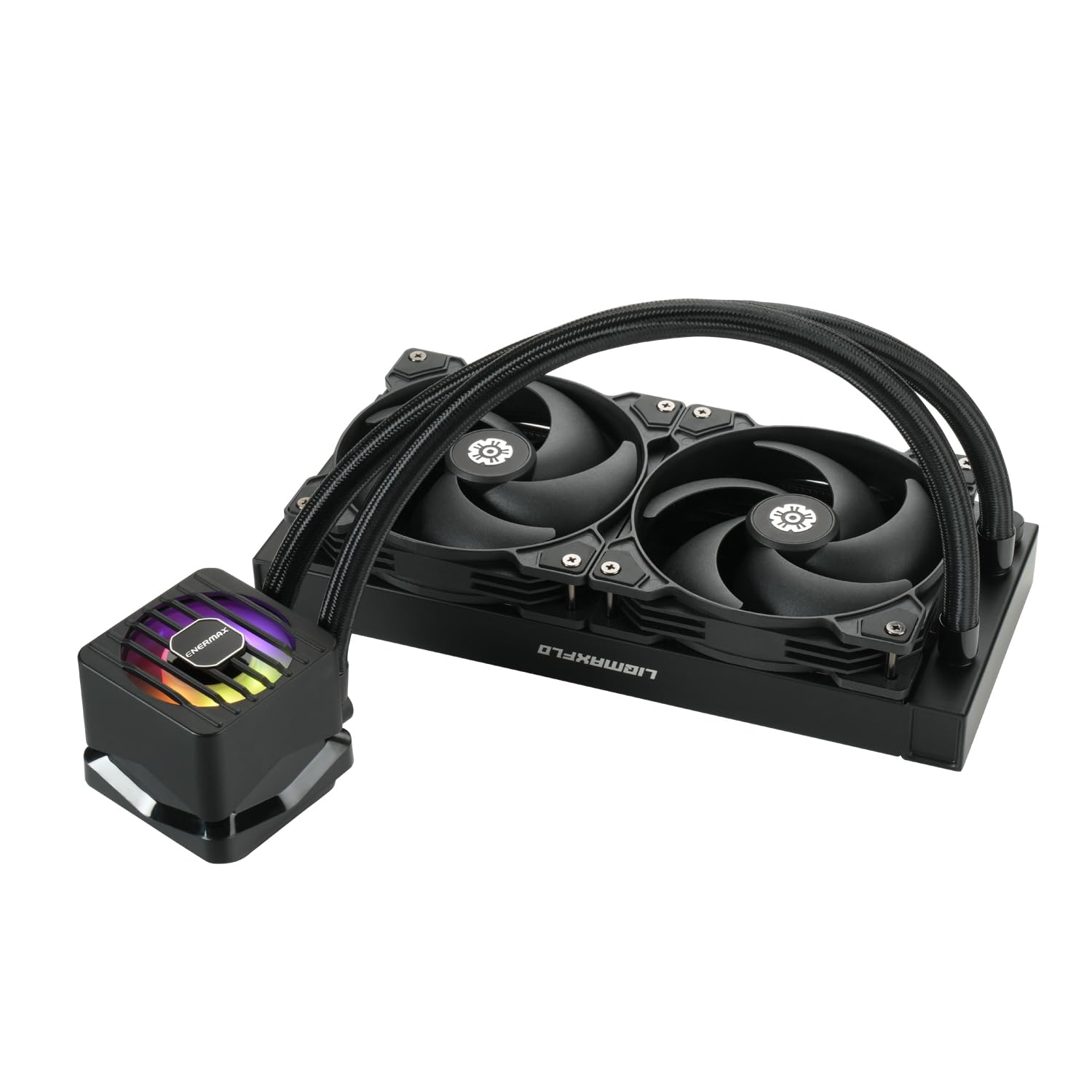 ENERMAX LIQMAXFLO SR 240mm CPU AIO Liquid Cooler (LGA 1700, 1200, AM5, AM4)- Xtreme Dual Chamber PWM Pumpe- ARGB VRM Wasserblocklüfter - 350W+ TDP (2x 120 PWM Silent Flow Fan); ELC-LMF240-SF, schwarz