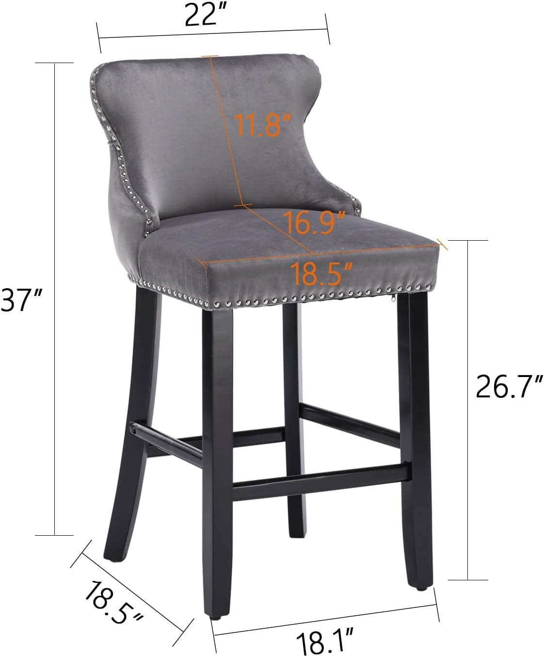Set of 2 Gray Velvet Counter Height Bar Stools, 26.7" Tufted Seat with Back, Nailhead Trim, Solid Wood Legs – Perfect Barstools for Home Bar & Kitchen Island