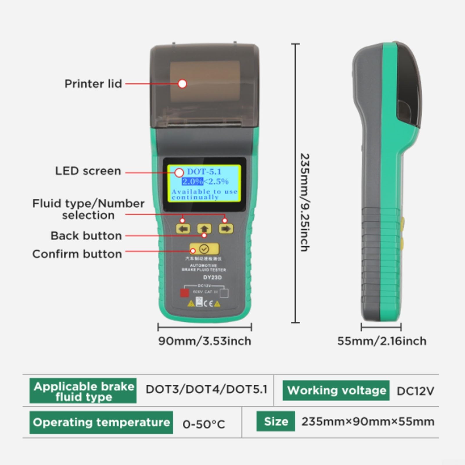 Tester liquido freni DY23D con stampante digitale | Stampante integrata, rapporto istantaneo, display digitale, compatibile con dot3-5.1, alloggiamento in ABS verde