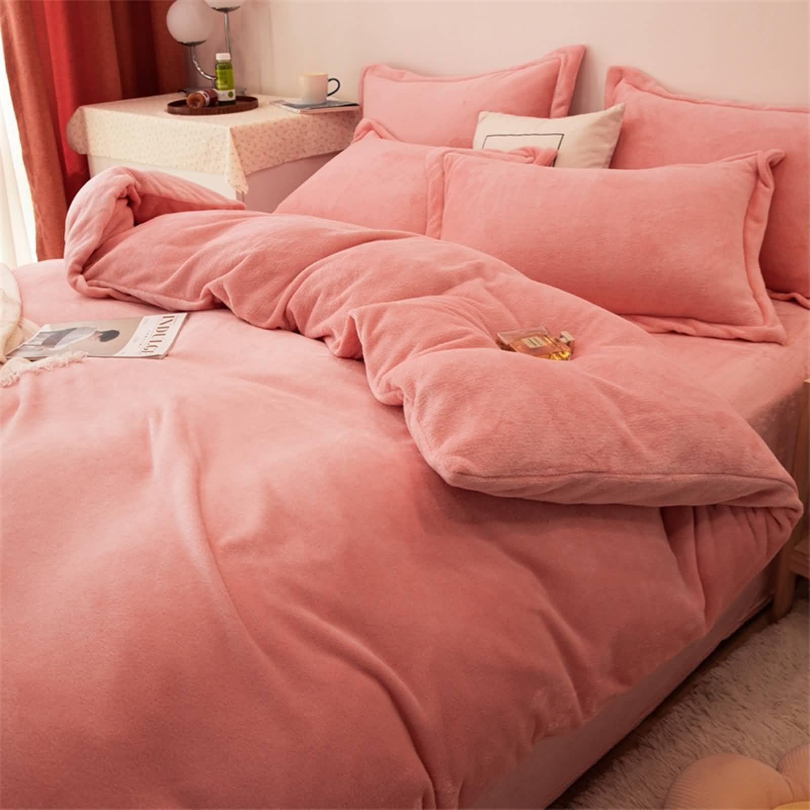 Housse de couette 180x220cm rose parure de lit 4 pièces avec drap plat
