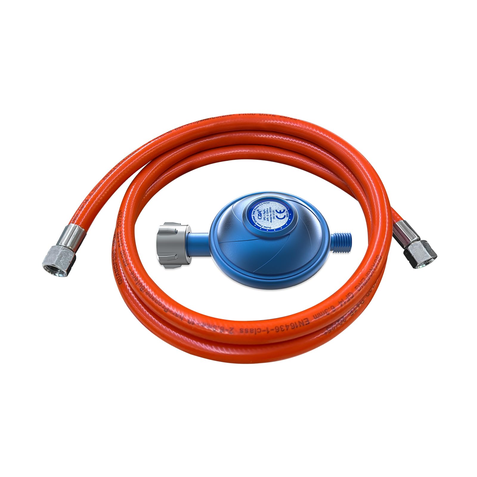 CAMPLUX GE100B Détendeur de Gaz 50mbar avec Tuyau de 150 cm, W21,8 × 1/14" LH vers G1/4"-LH, Débit de 1,7 kg/h, Régulateur de Gaz pour Barbecue, Réchaud et Chauffage
