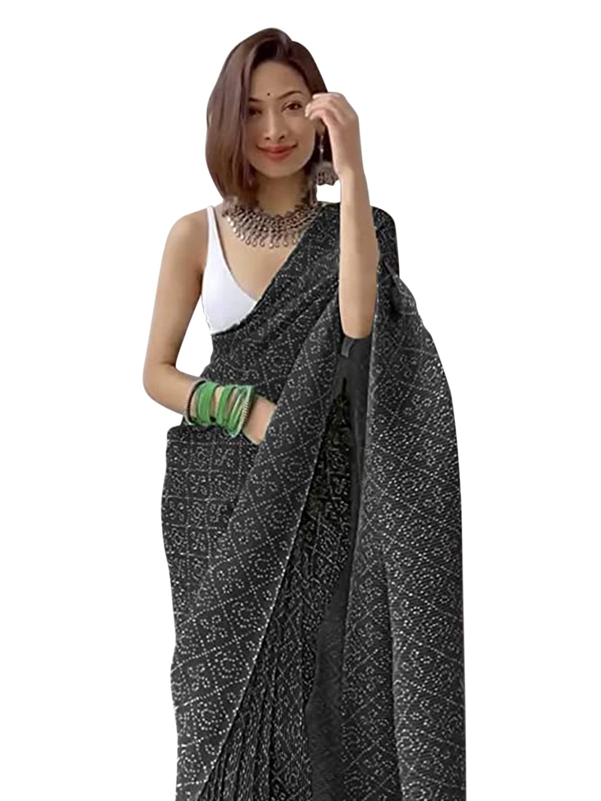 SIRILWomen's Bandhani Printed (Crushed) Georgette Saree with Blouse, Black, 5.5m