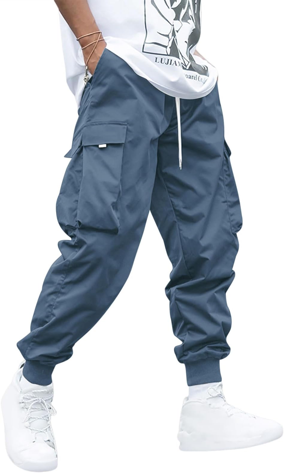 Men's Flap Pocket Drawstring Techwear Cargo Pants Athletic Elastic Joggers Casual Trousers Sweatpants