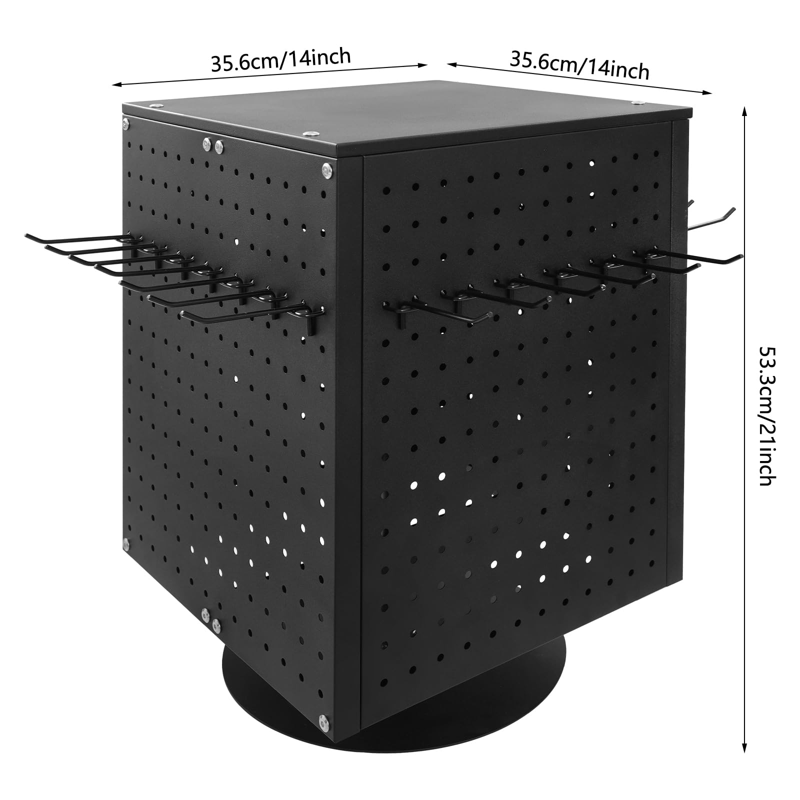 YUYFCC Rotating Pegboard Display Stand 4 Sided Spinning Peg Board Display Holder with 20 Hooks Modern Countertop Keychain Display Stand Rack Craft Organizer for Retail Store Jewelry Earring (Black)