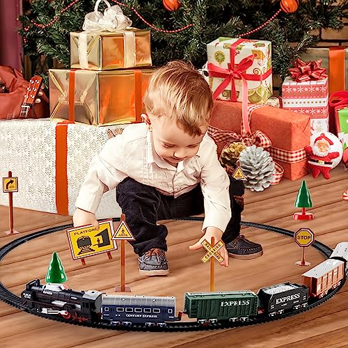 Image of deAO Train Set with Light for Kids, Cargo Cars and Long Track for Boys & Girls Aged 3-12, Train Toys Railway Kits with Signposts & Trees, Electric Train Race Track Playset,Great for Birthday & Xmas