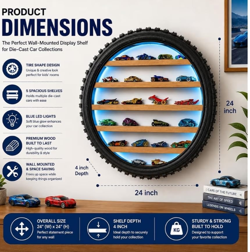 Image of Wooden Wall Shelf Display Rack for 1:64 Scale Die-Cast Cars, Blue