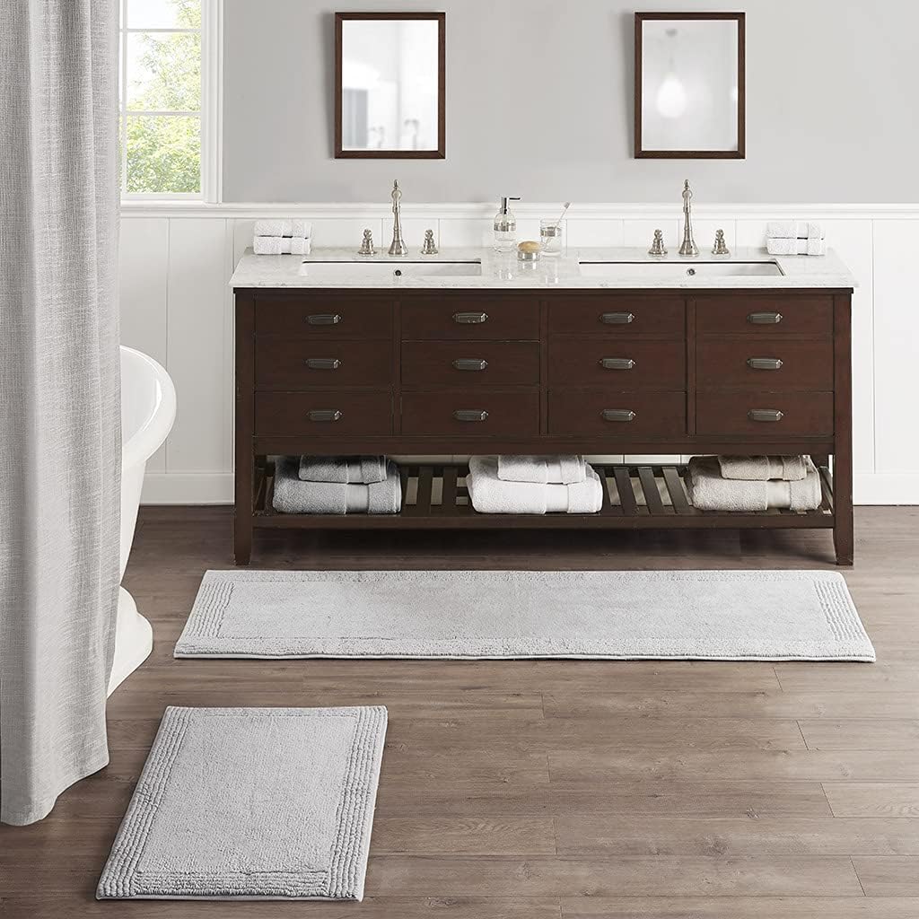 madison park signature splendor reversible 100% cotton tufted bathroom rug-3000 gsm hotel quality luxurious plush medium pile bath mat absorbent, quick dry, shower room décor, 24x72, grey grey 24x72\" transitional