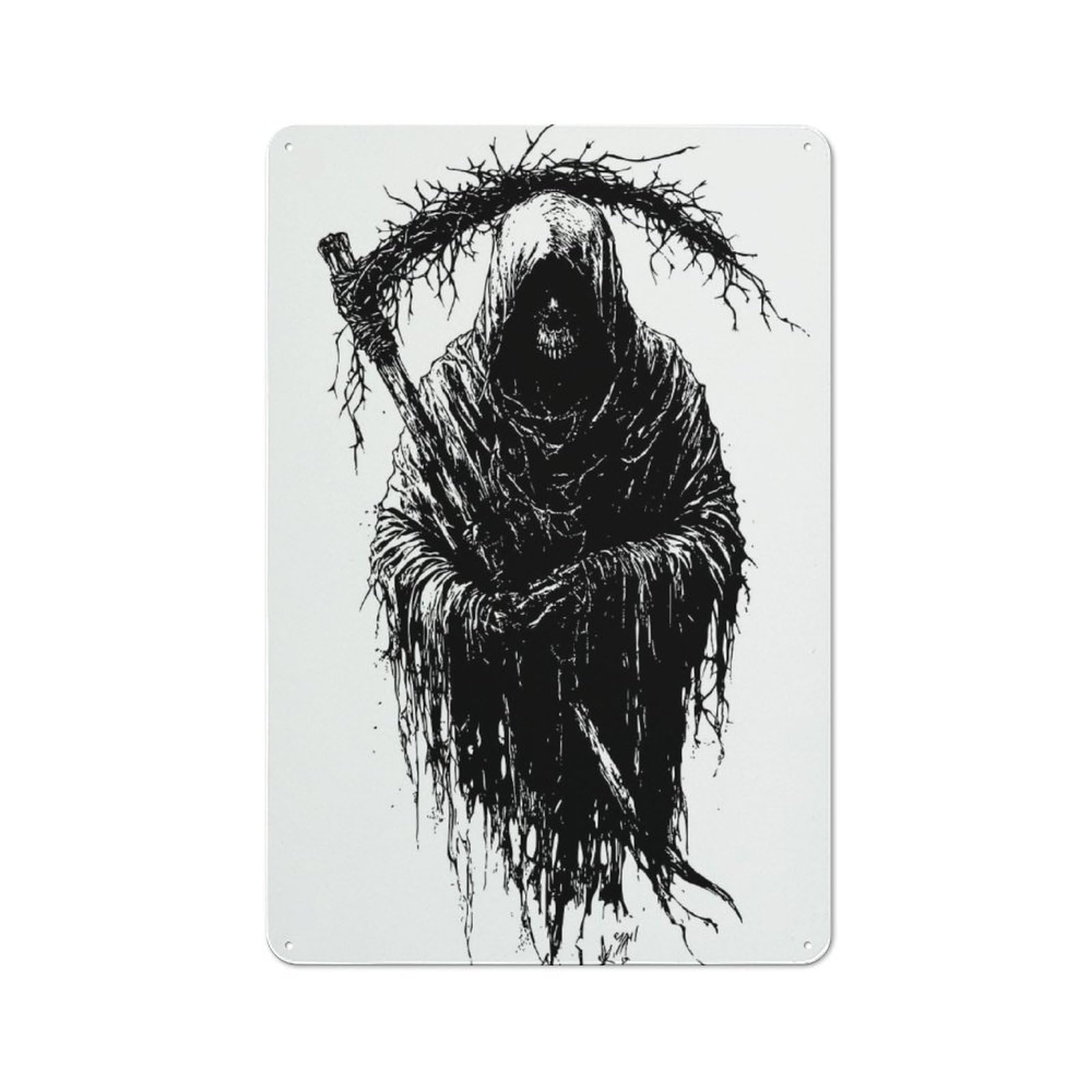 Junmoney Grim Reaper Black And White Illustration Vintage Tin Sign 30X20cm With For Living Room Or Hallway, For Metal Sign Collectors, For Vintage Wall Decor Fans