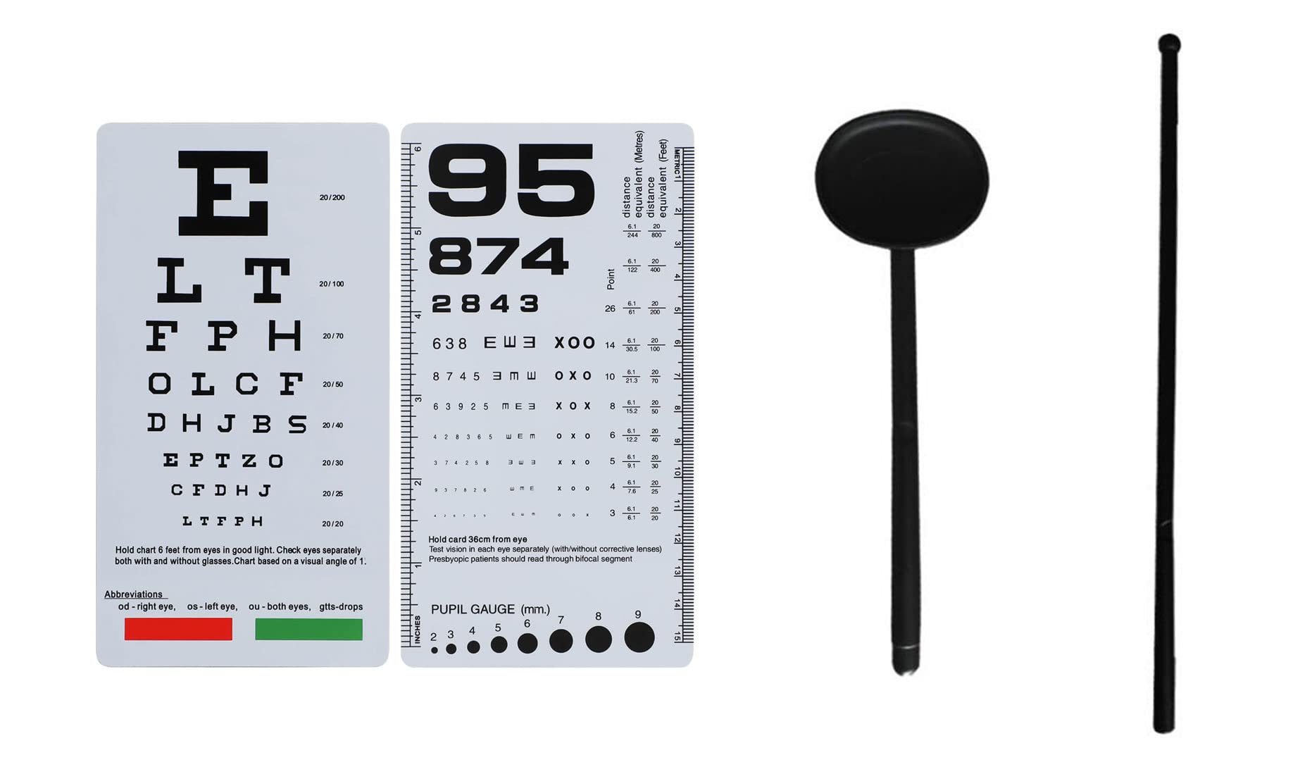 Bundle of 2pcs Snellen and Rosenbaum Pocket Eye Charts with Eye Occluder and Hand Pointer