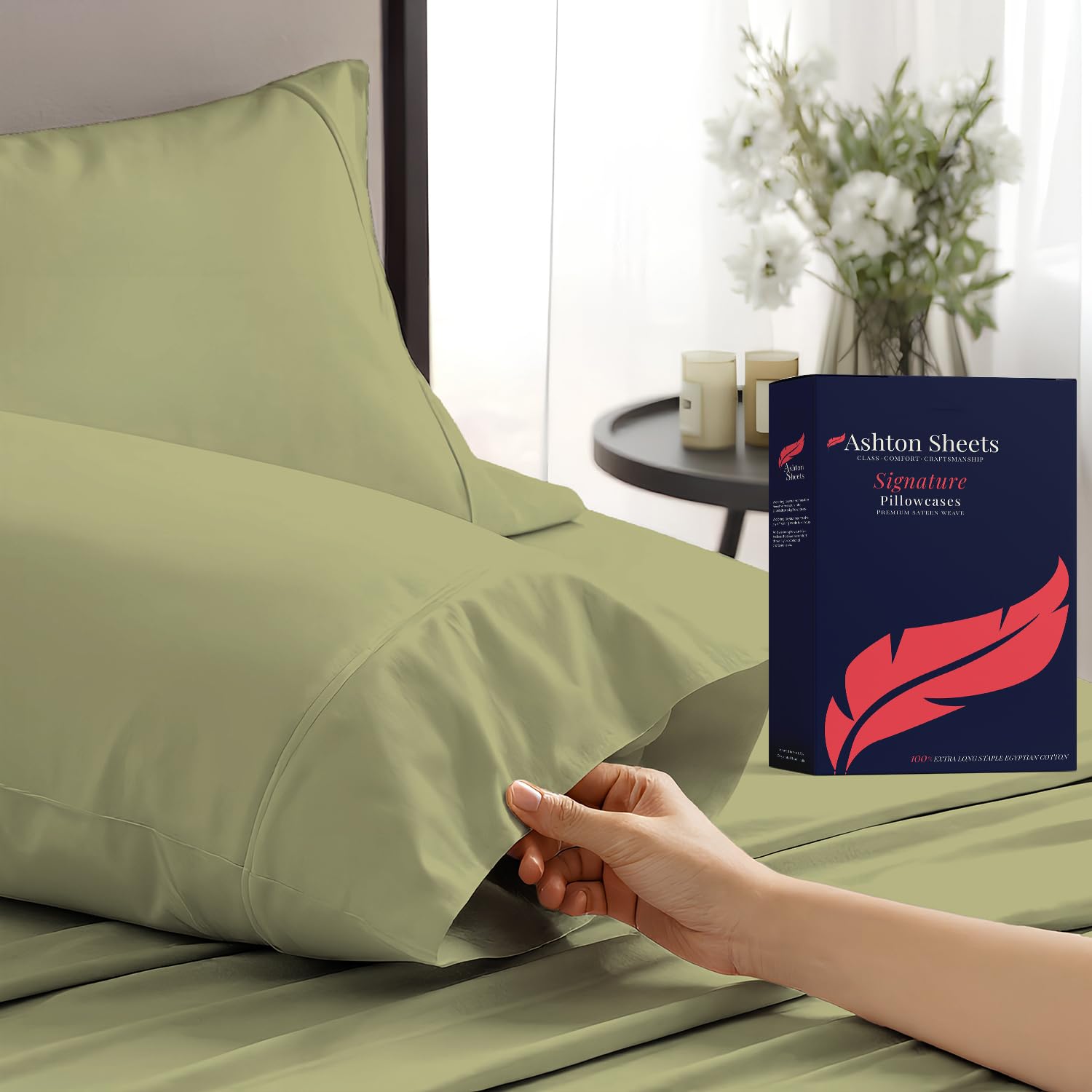 Ashton Sheets Juego de 2 fundas de almohada de algodón egipcio 100 % de tamaño estándar/Queen, fundas de almohada de lujo de la serie 1200 Signature Collection (verde salvia), fundas de almohada de