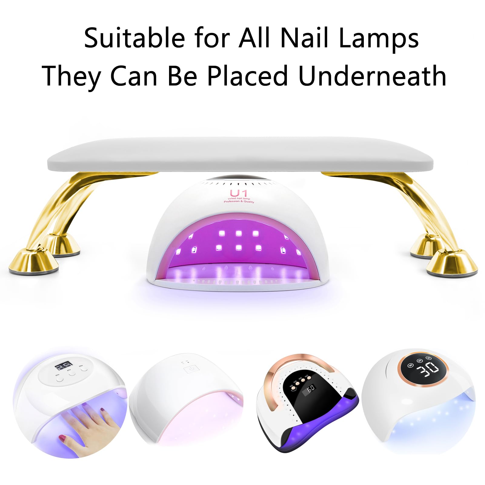 Reposabrazos para uñas Tech suave, cómodo, antideslizante, piel de microfibra, soporte de manos para manicura, soporte técnico con patas de acero inoxidable dorado
