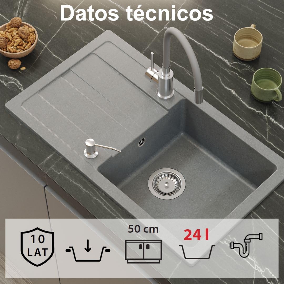 QUADRON Fregadero de granito READY-MAX de granito, 77 x 44 x 17,5 cm, gris, juego de fregadero, grifo de cocina, sifón y dispensador de jabón