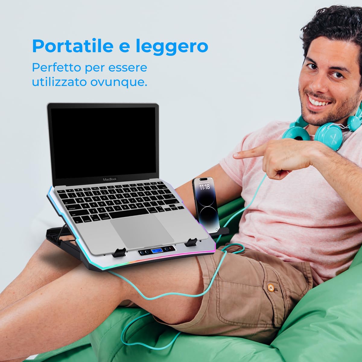NK Base di raffreddamento portatile 17" LED RGB 6 ventole silenziose velocità regolabili 4 altezze regolabili USB telefono holder