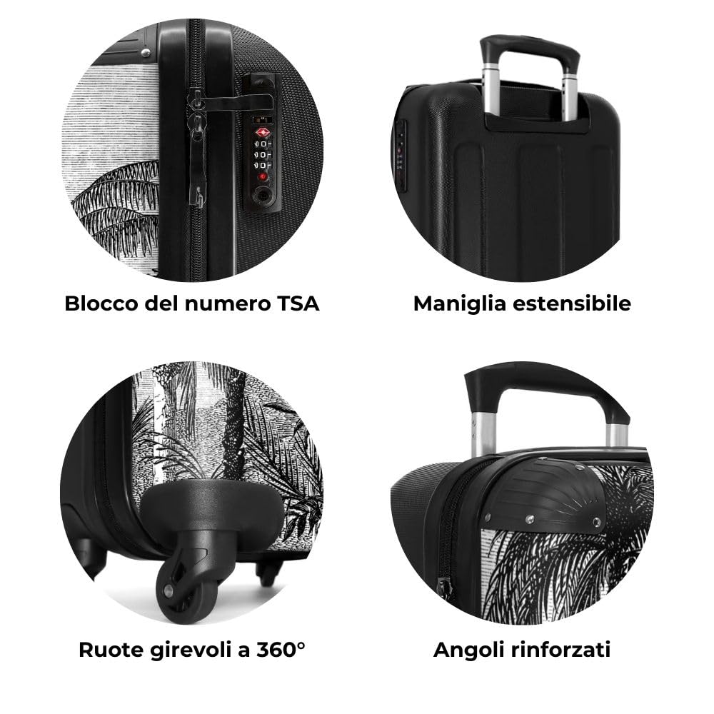 NoBoringSuitcases© Valigia bagaglio a mano | Trolley per cabina leggera, 4 ruote, motivo palme vintage, lucchetto combinazione, resistente ai raggi UV, 55-35-20 cm