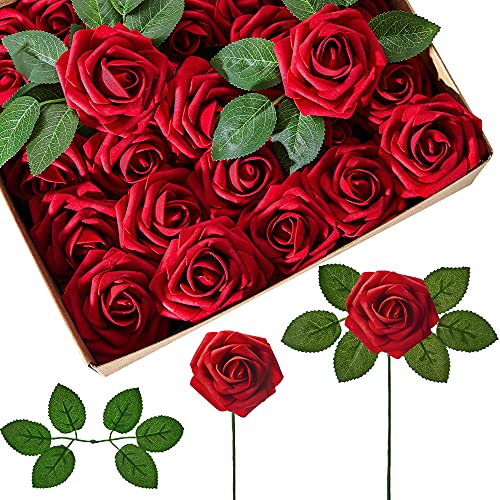 InnoGear Artificial Flowers, 50 Pcs Faux Flowers Fake Flowers Dark Red Roses Perfect for DIY Wedding Bouquets Centerpieces Bridal Shower Party Home Flower Arrangement Decorations
