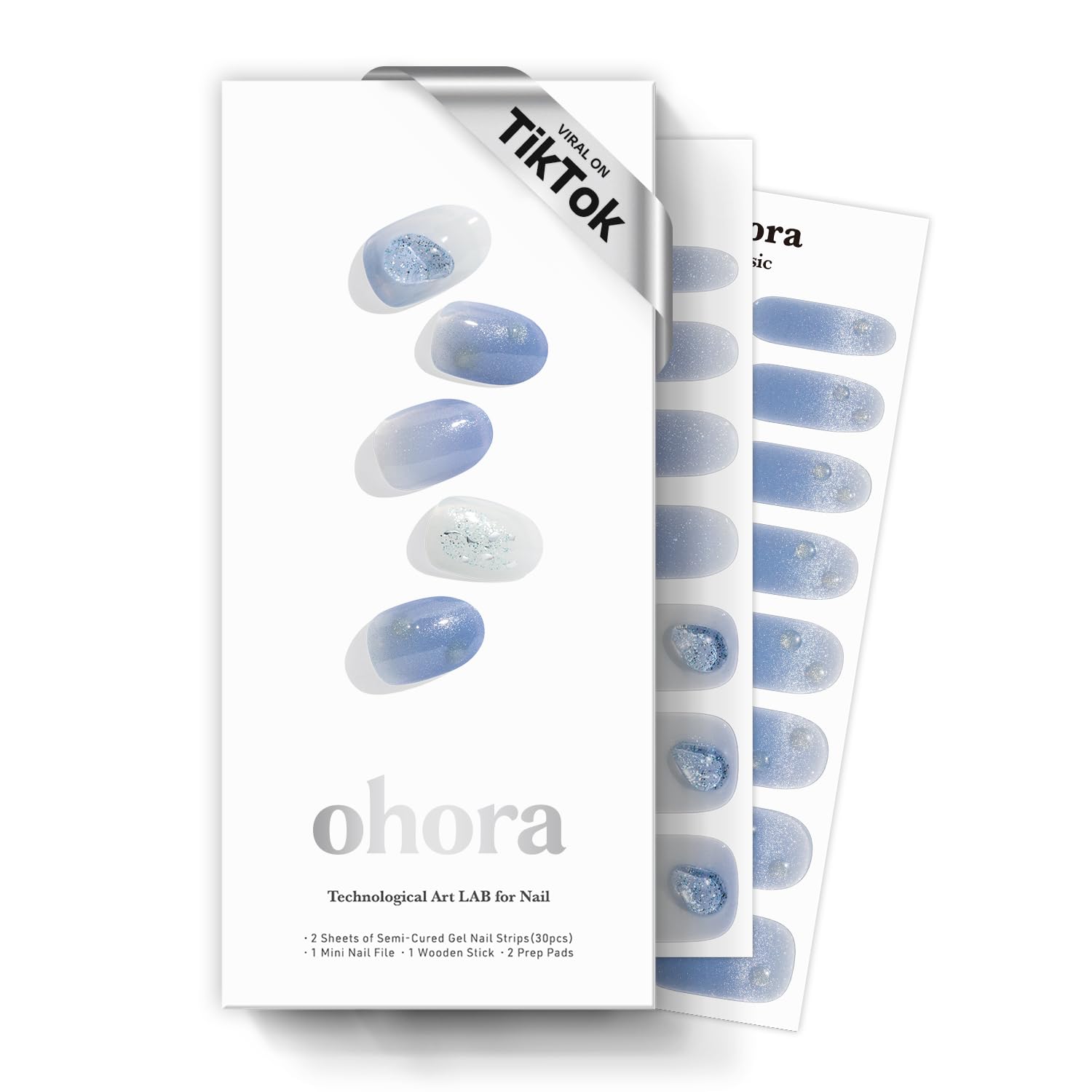 ohora Semi Cured Gel Nail Strips | Blue, Glitter, Gems | N Shizuku Blue | ohora Semi Cured Gel Nail Strips | Blue, Glitter, Gems | N Shizuku Blue