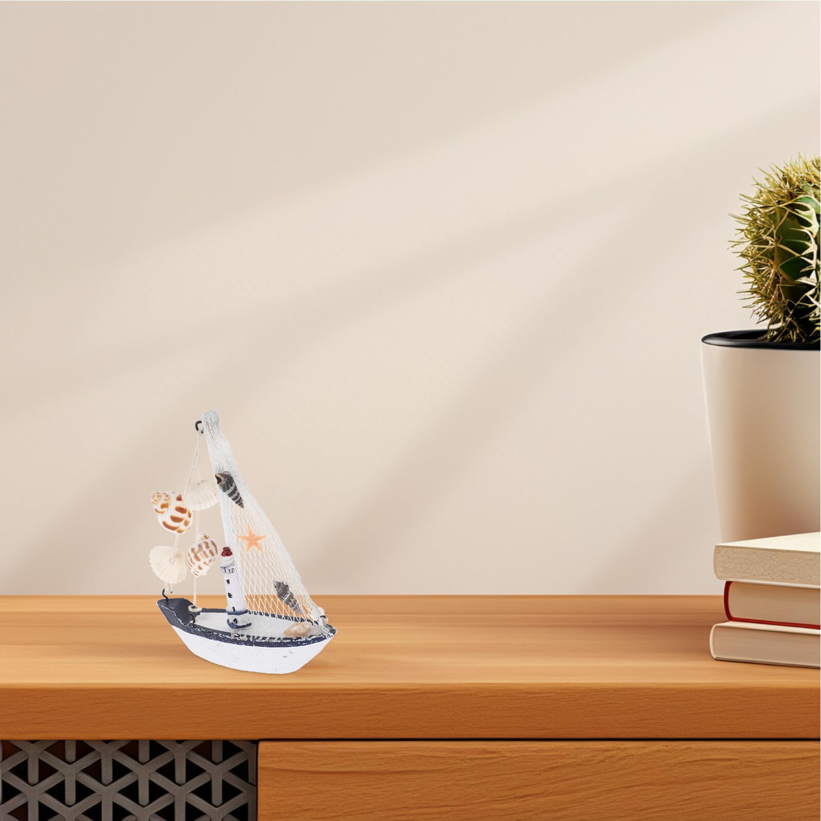 EXAOMBLE 8 Pezzi Barca a Vela in Legno con Conchiglie e Reti Decorazione Marina da Parete per Casa Feste a Tema e Cameretta Mini Barche Ornamentali Costiere