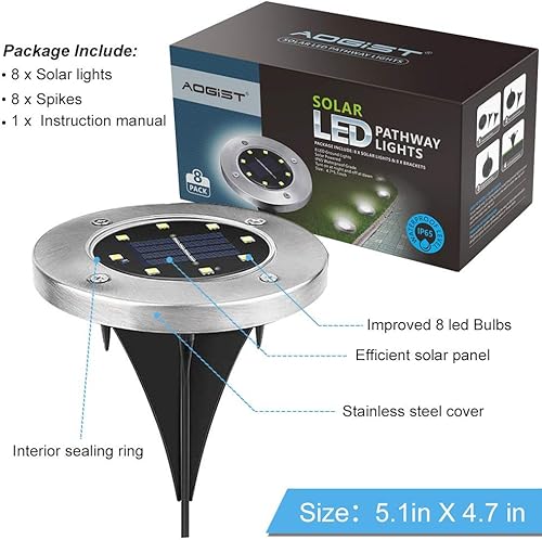 Miniatura 2 de Aogist Luces solares para suelo, 8 luces LED de disco de jardín en el suelo, iluminación de paisaje al aire libre para césped, patio, camino,