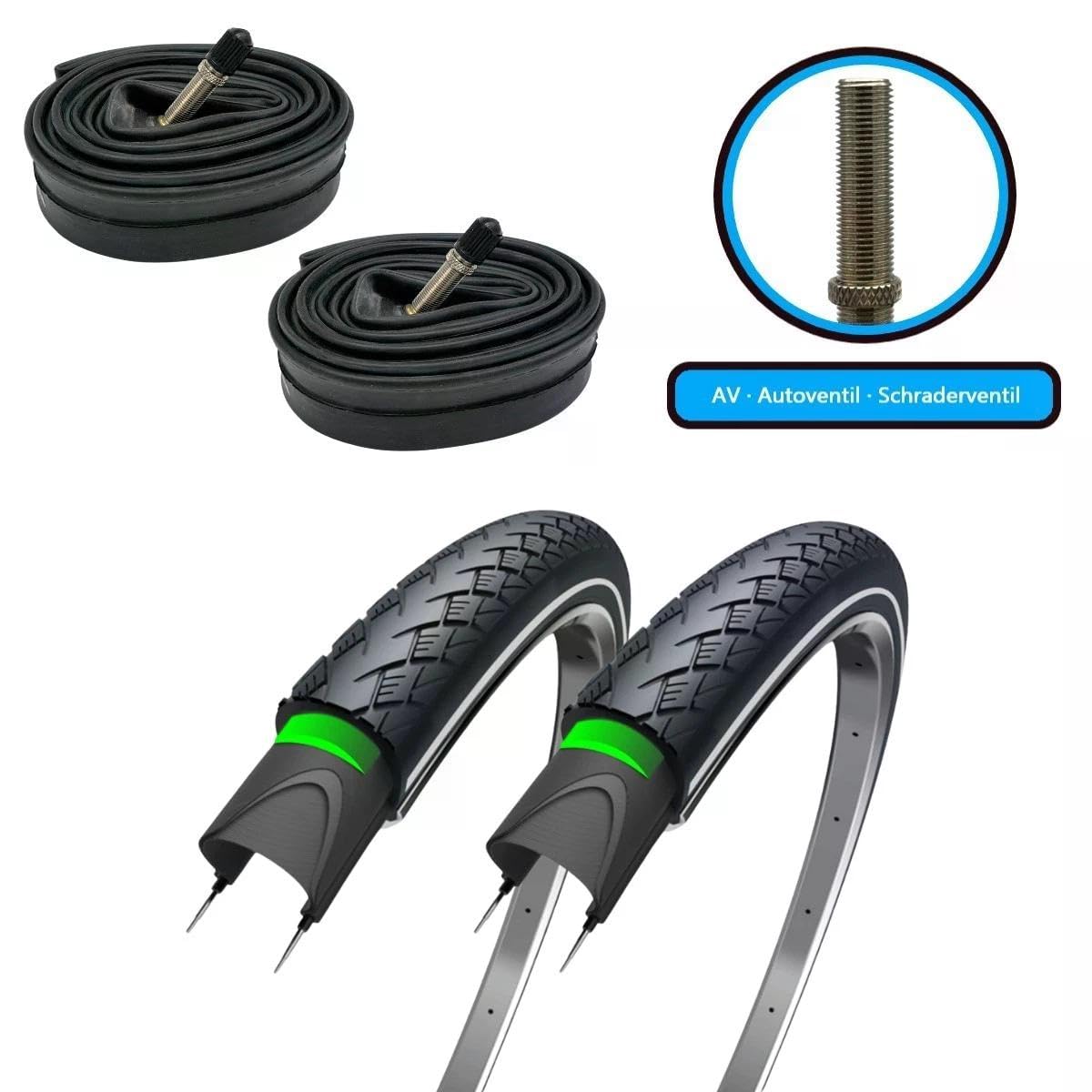 2er Set Fahrradreifen 28x1,75 Zoll 47-622 700x45c 3mm Pannenschutz und Reflexstreifen inklusive Autoventil Schläuchen AV – Trekkingreifen Allround für Citybike Trekkingrad Tourenrad - Schwarz